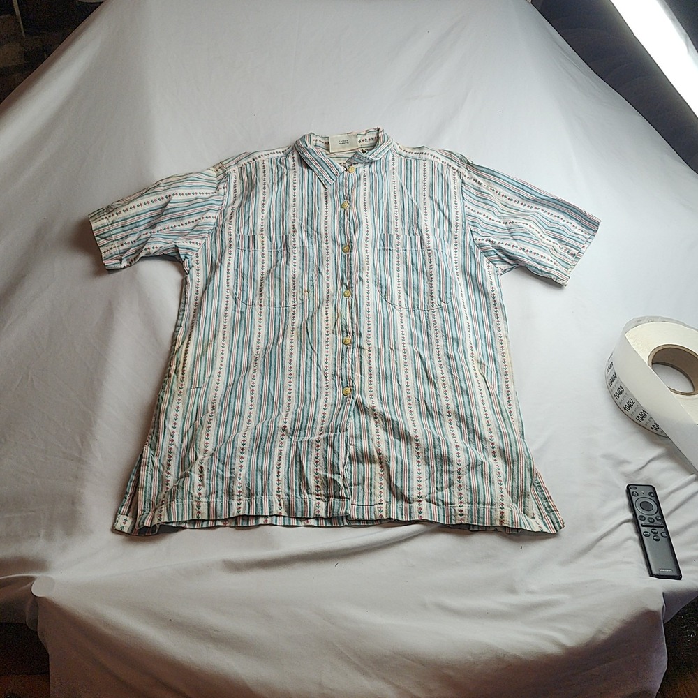 Northern Reflections Button-Down Shirt L 100% Cotton Teal Pink Stripe Floral
